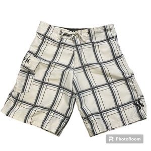 Hurley Board Shorts Boys Size 16 White Plaid Drawstring Waist Beach Surf